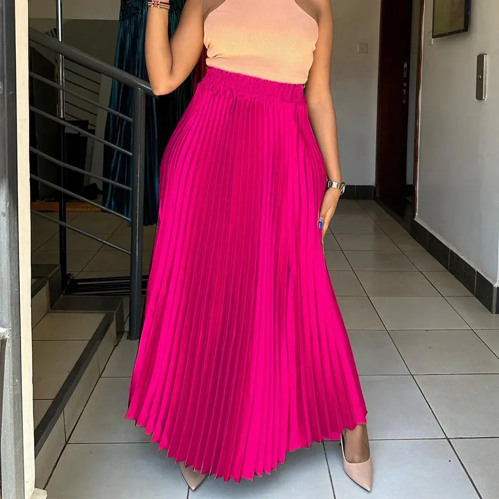 Elegant Pleated Skirts Women High Waisted Ankle Length Loose Solid Female Birthday Party Dinner Bottom Skirts