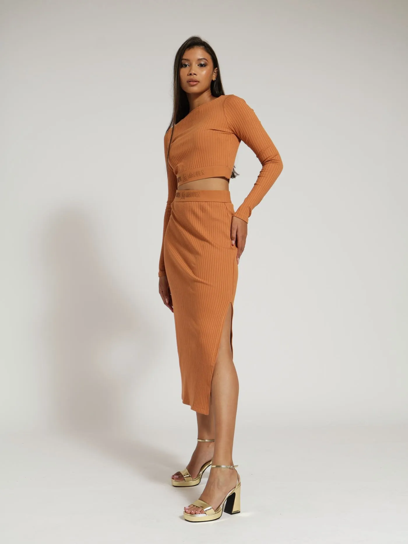 Elena High Waisted Rib Bodycon Midi Skirt - Caramel