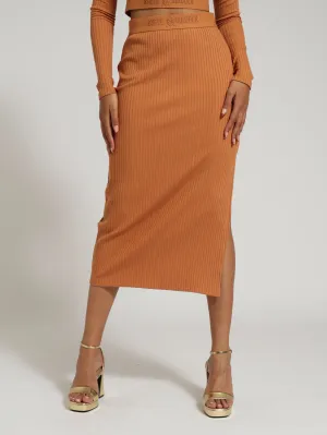 Elena High Waisted Rib Bodycon Midi Skirt - Caramel