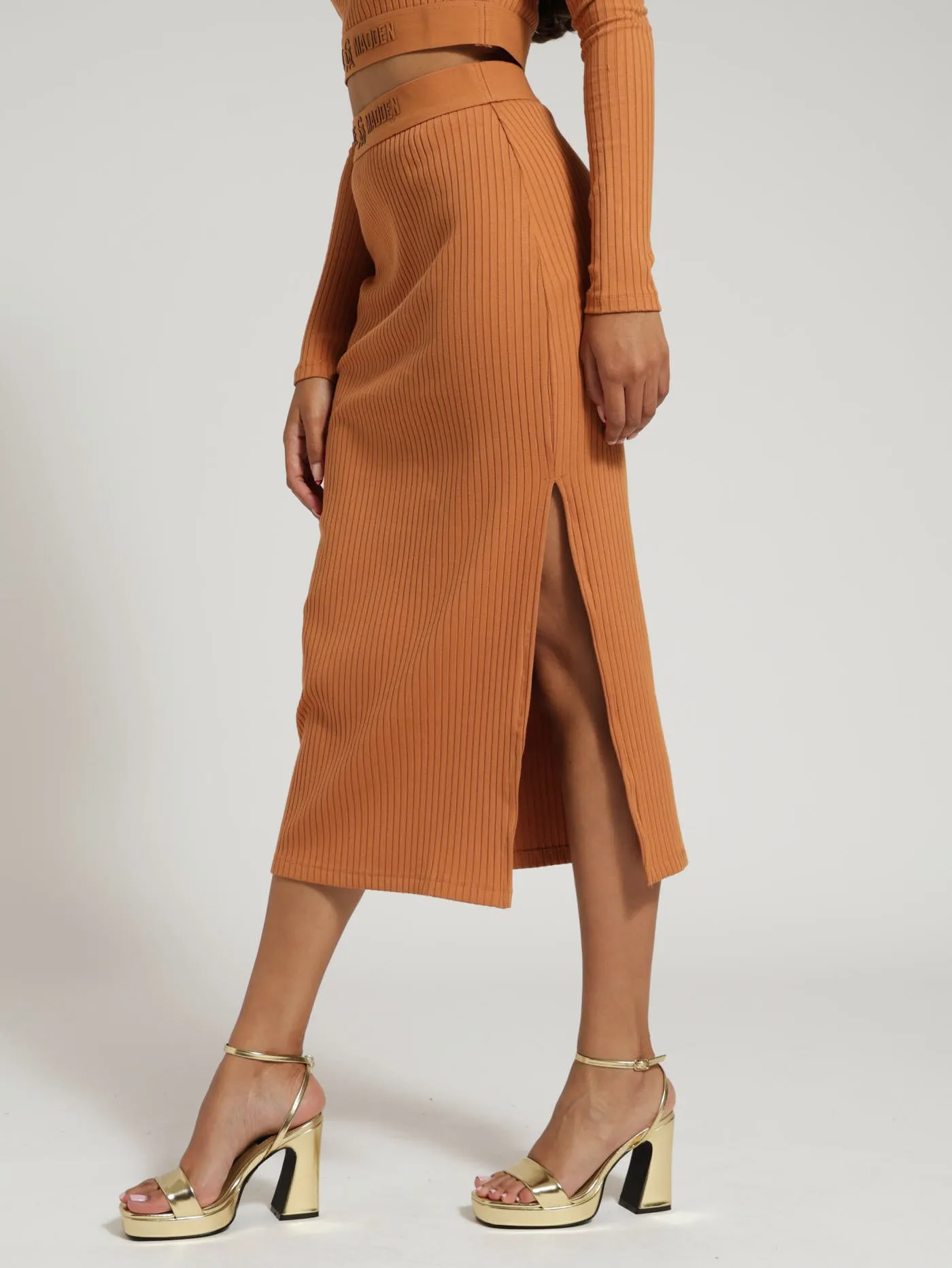 Elena High Waisted Rib Bodycon Midi Skirt - Caramel
