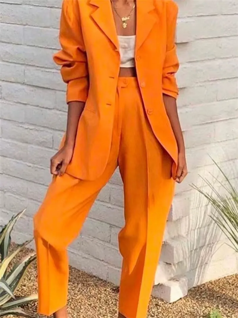 Elevate Your Office Style with the Tesco Orange Peak Lapel Casual Suit - Chic Blazer and Wide Leg Pants Set for Women
