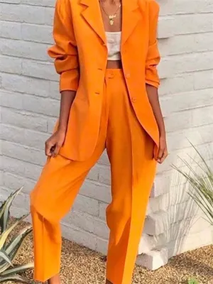 Elevate Your Office Style with the Tesco Orange Peak Lapel Casual Suit - Chic Blazer and Wide Leg Pants Set for Women