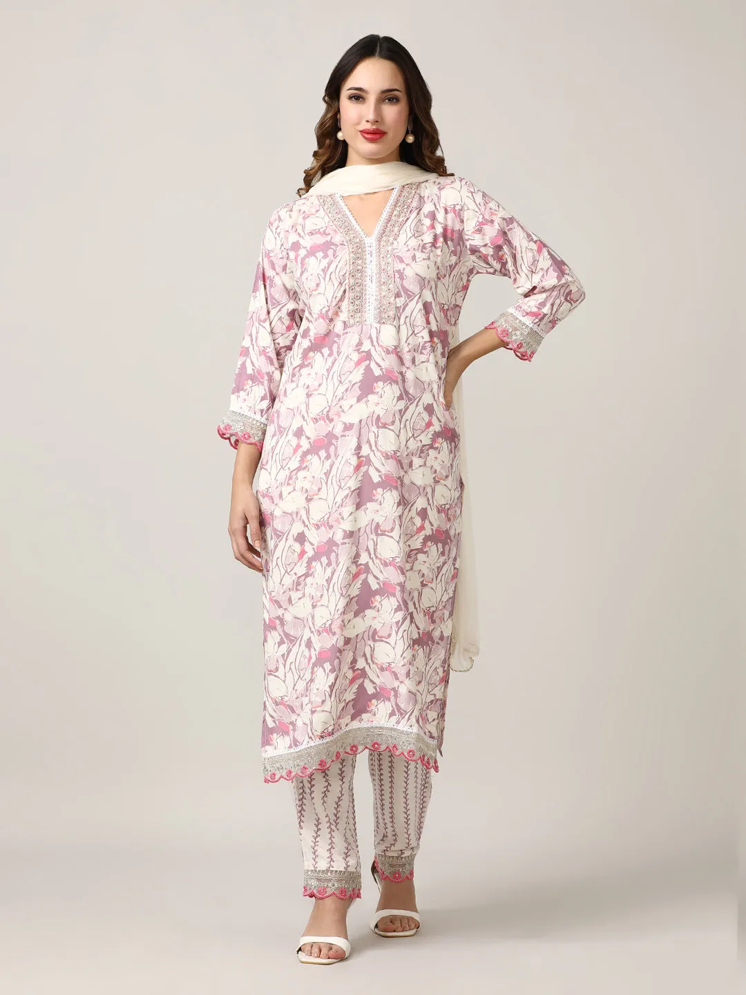 Embroidered Floral Straight Kurta Sets With Dupatta