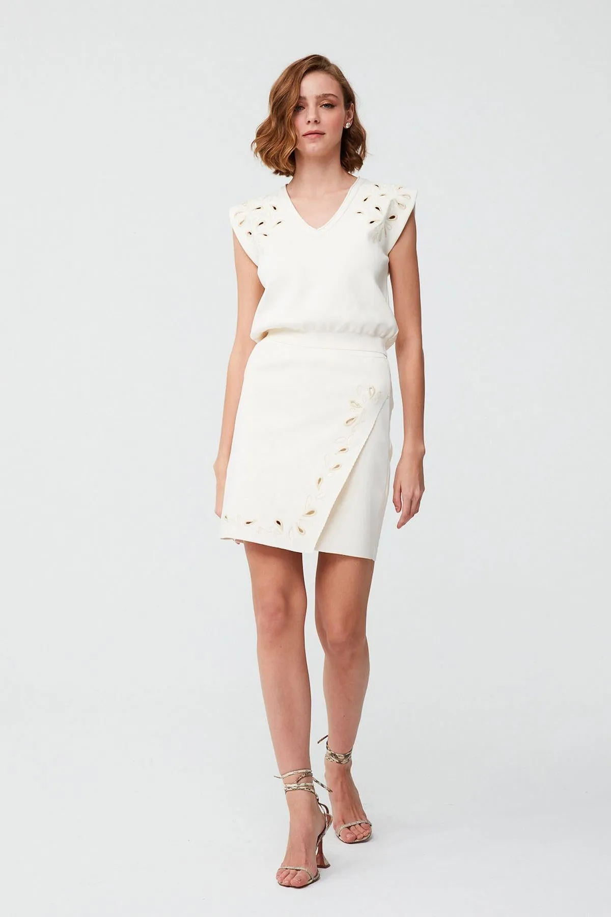 Embroidery Detailed Double Breasted Ecru Mini  Skirt