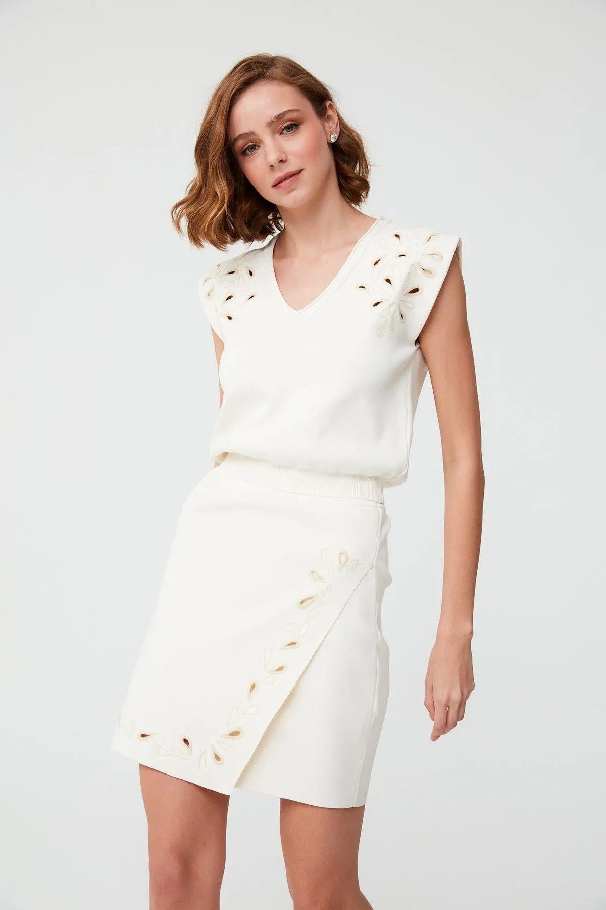 Embroidery Detailed Double Breasted Ecru Mini  Skirt