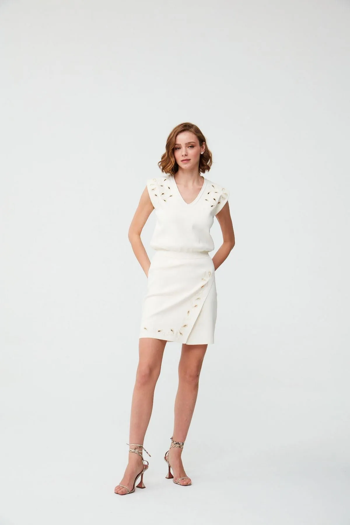 Embroidery Detailed Double Breasted Ecru Mini  Skirt