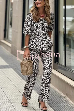 Enjoy Everyday Leopard Print Puff Sleeve Babydoll Top and Elastic Waist Pocketed Pant Set
