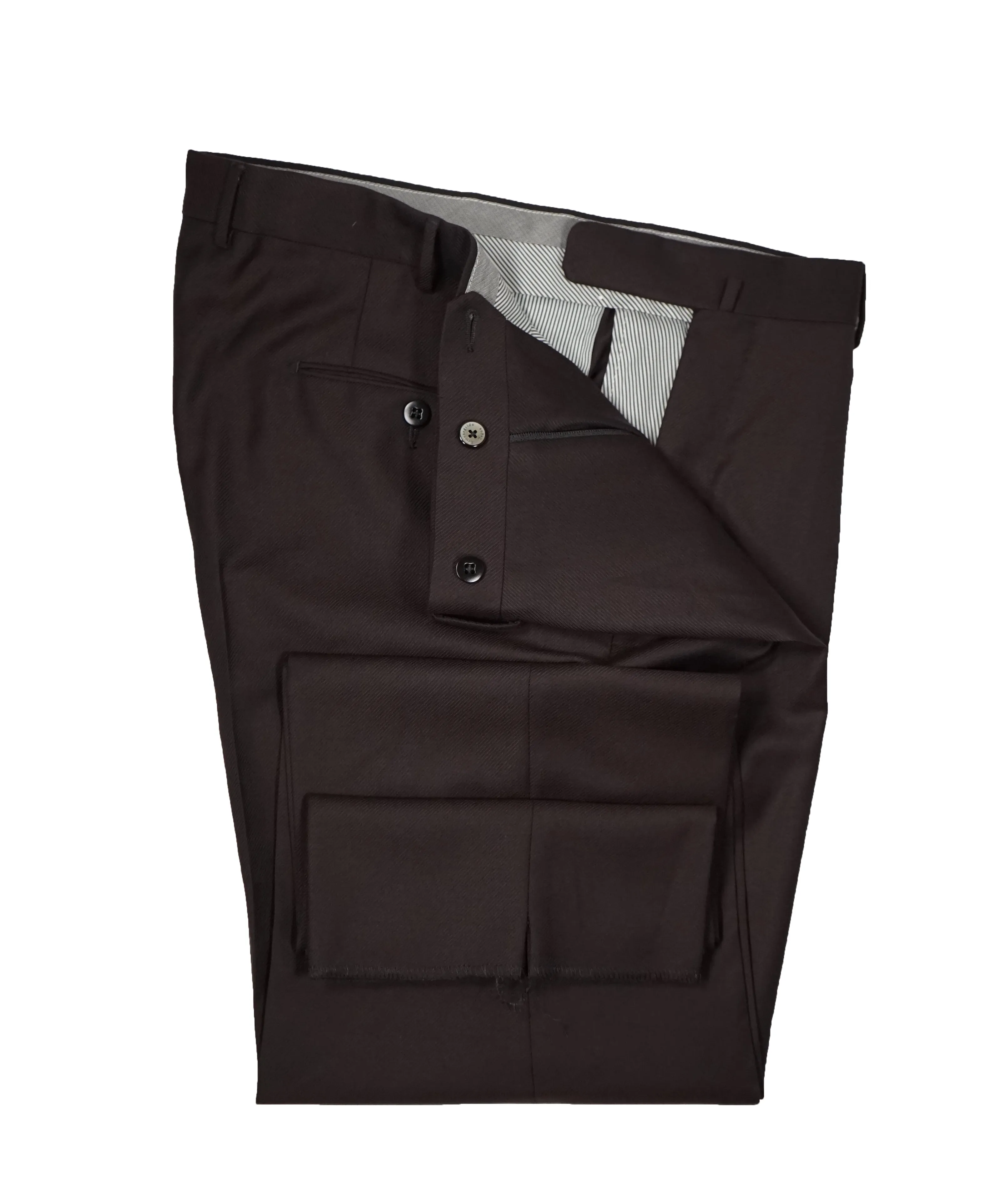 ERMENEGILDO ZEGNA - Coco "TROFEO" Brown Diagonal Weave Flat Front Wool Trousers  - 36W