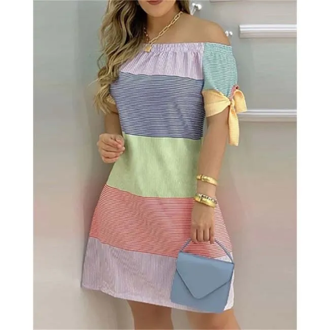 European and American Dress Women's Casual Fashion Home Gradient Color Straight Shoulder Dress