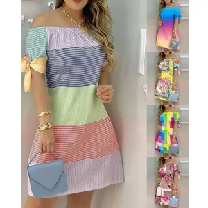 European and American Dress Women's Casual Fashion Home Gradient Color Straight Shoulder Dress