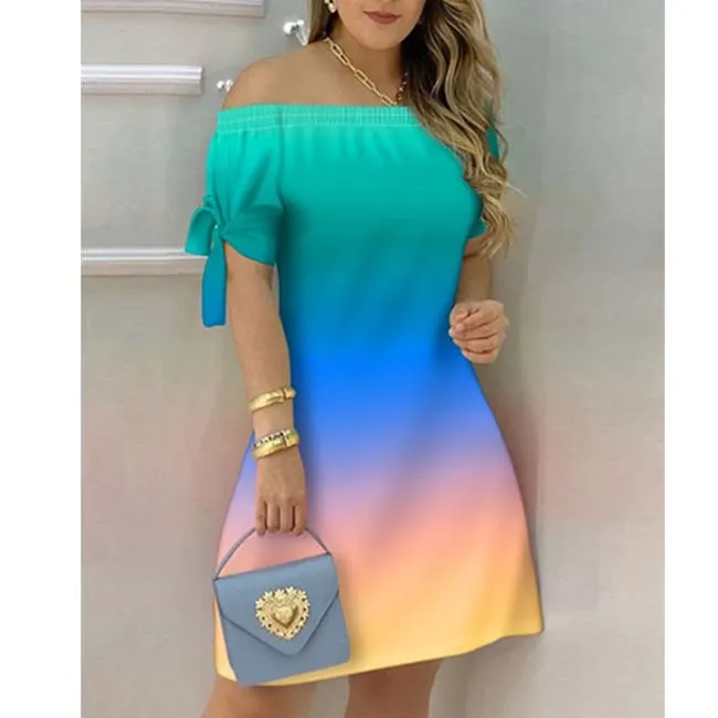 European and American Dress Women's Casual Fashion Home Gradient Color Straight Shoulder Dress