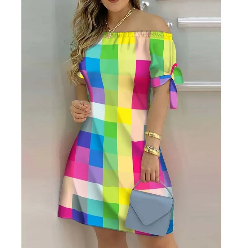 European and American Dress Women's Casual Fashion Home Gradient Color Straight Shoulder Dress