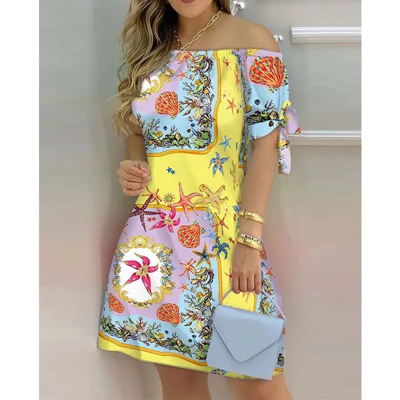 European and American Dress Women's Casual Fashion Home Gradient Color Straight Shoulder Dress