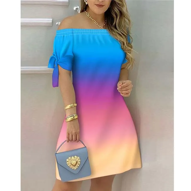 European and American Dress Women's Casual Fashion Home Gradient Color Straight Shoulder Dress