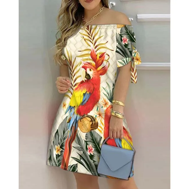 European and American Dress Women's Casual Fashion Home Gradient Color Straight Shoulder Dress