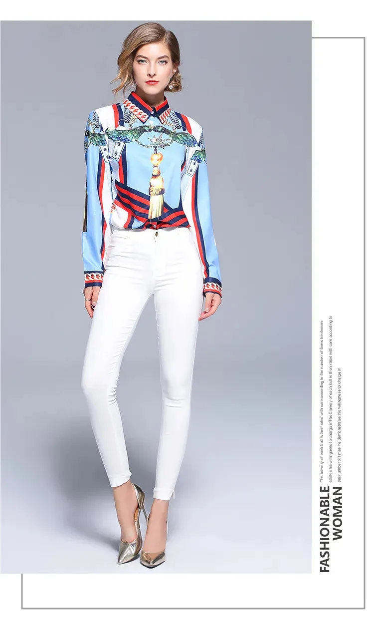 European fashion design  new women's blue color print turn down collar long sleeve blouse shirt MLXLXXL