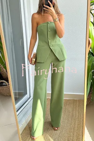 Extra Dose of Confidence Off Shoulder Button Top and Straight Pants Set