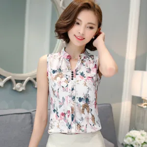 Fashion Chiffon Blouse Women Printed Sleeveless Blouse Floral Print Blouses Shirts Office Shirt