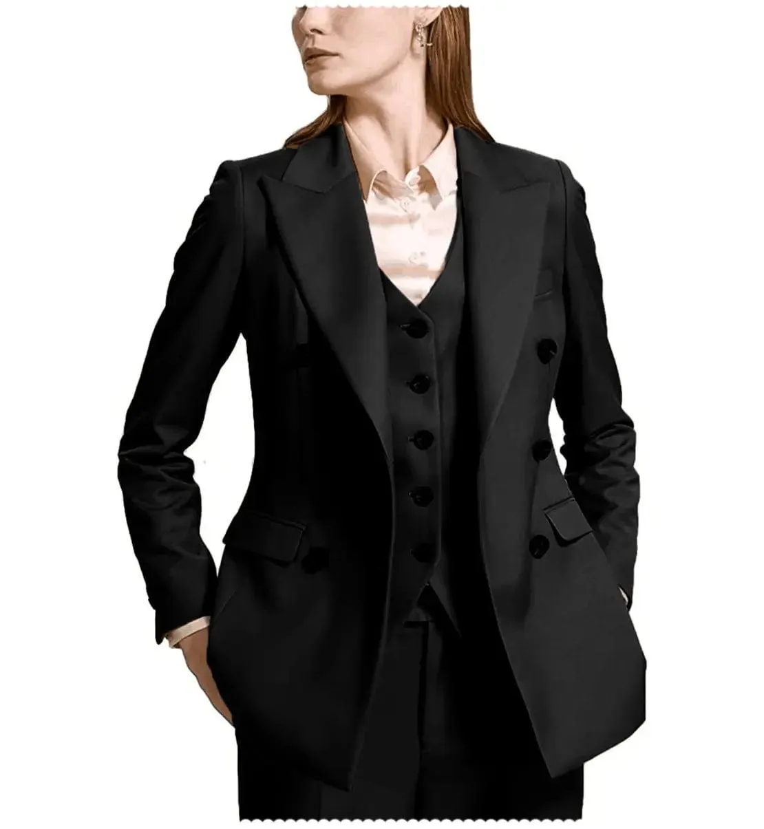 Fashion Flat Peak Lapel 3 Pieces Women Suit (Blazer vest Pants)