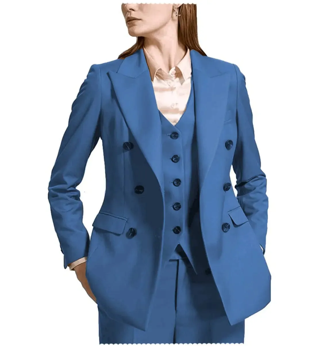 Fashion Flat Peak Lapel 3 Pieces Women Suit (Blazer vest Pants)