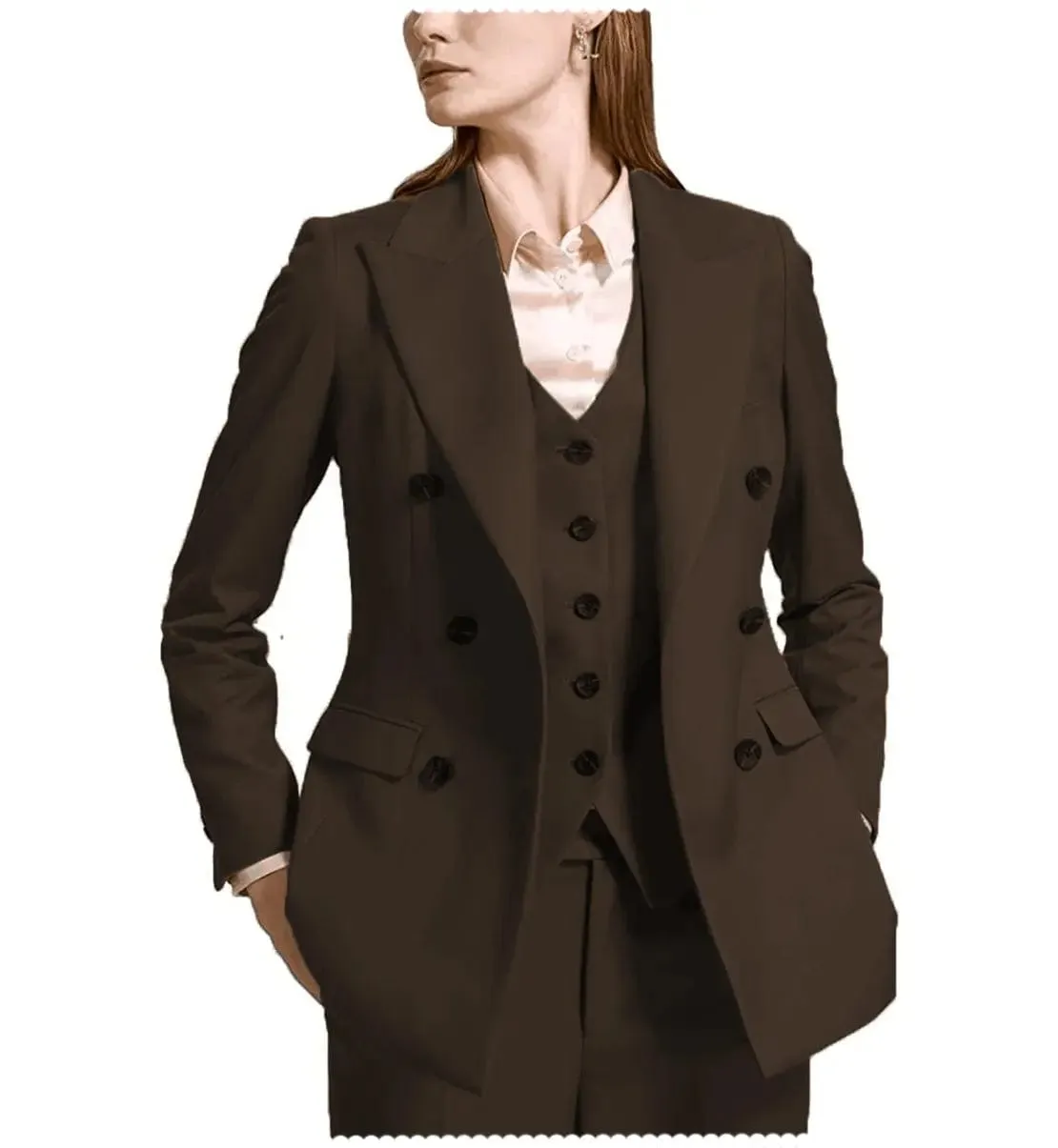 Fashion Flat Peak Lapel 3 Pieces Women Suit (Blazer vest Pants)