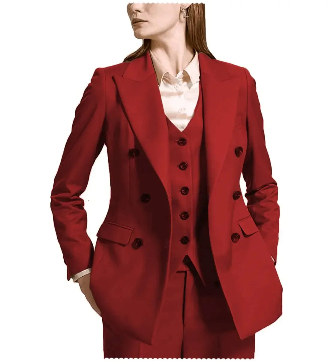 Fashion Flat Peak Lapel 3 Pieces Women Suit (Blazer vest Pants)