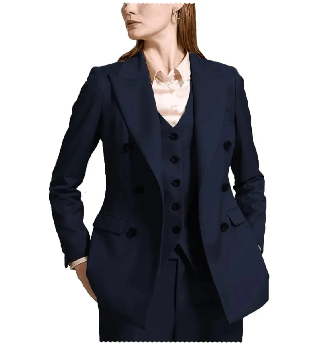 Fashion Flat Peak Lapel 3 Pieces Women Suit (Blazer vest Pants)
