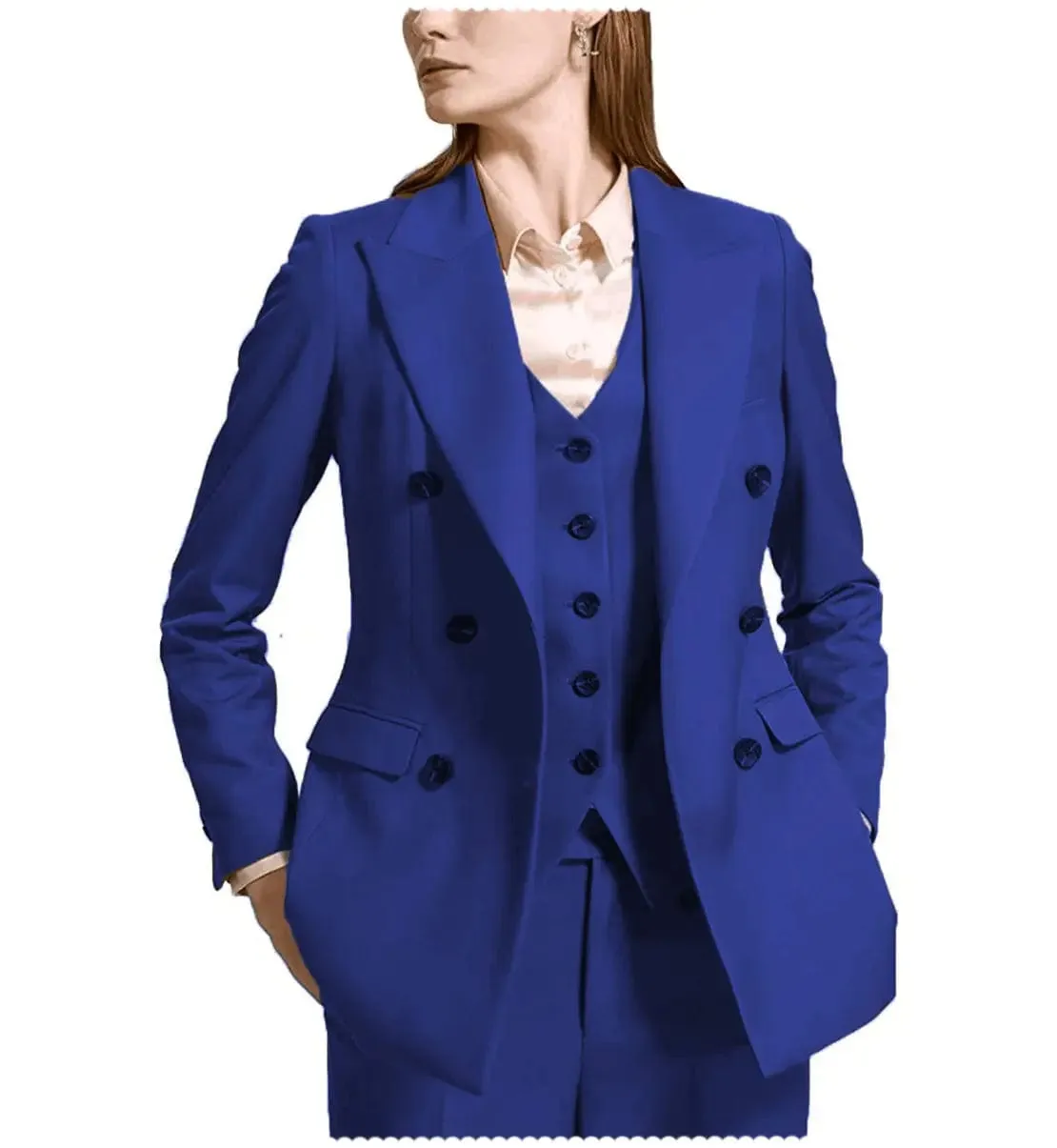Fashion Flat Peak Lapel 3 Pieces Women Suit (Blazer vest Pants)