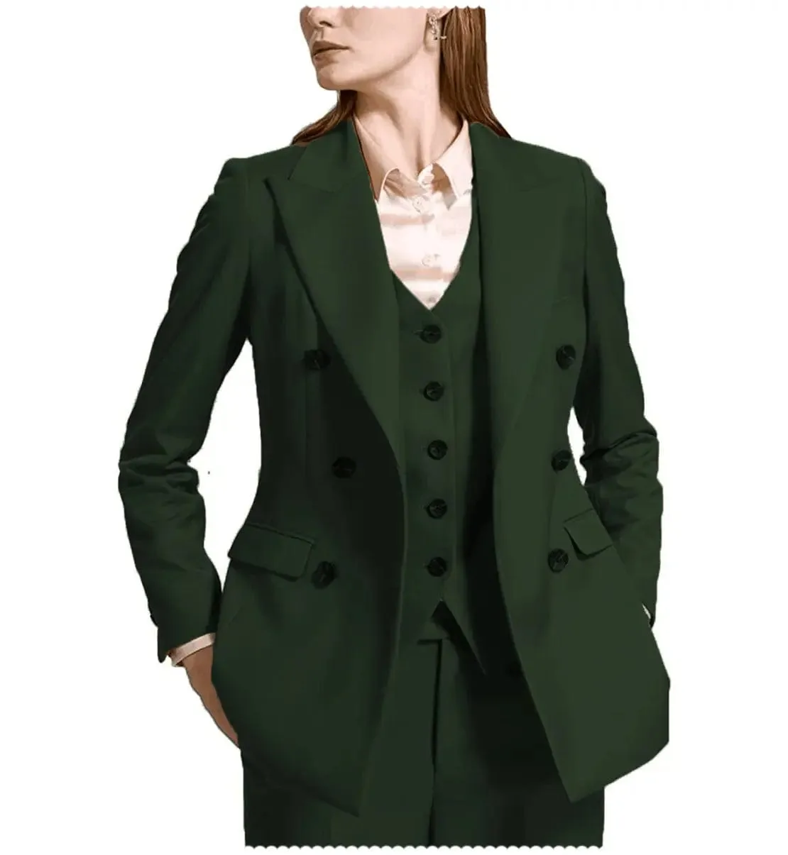 Fashion Flat Peak Lapel 3 Pieces Women Suit (Blazer vest Pants)