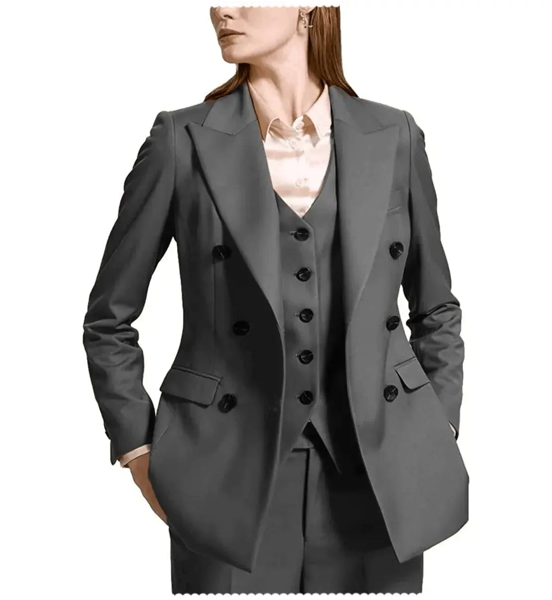 Fashion Flat Peak Lapel 3 Pieces Women Suit (Blazer vest Pants)