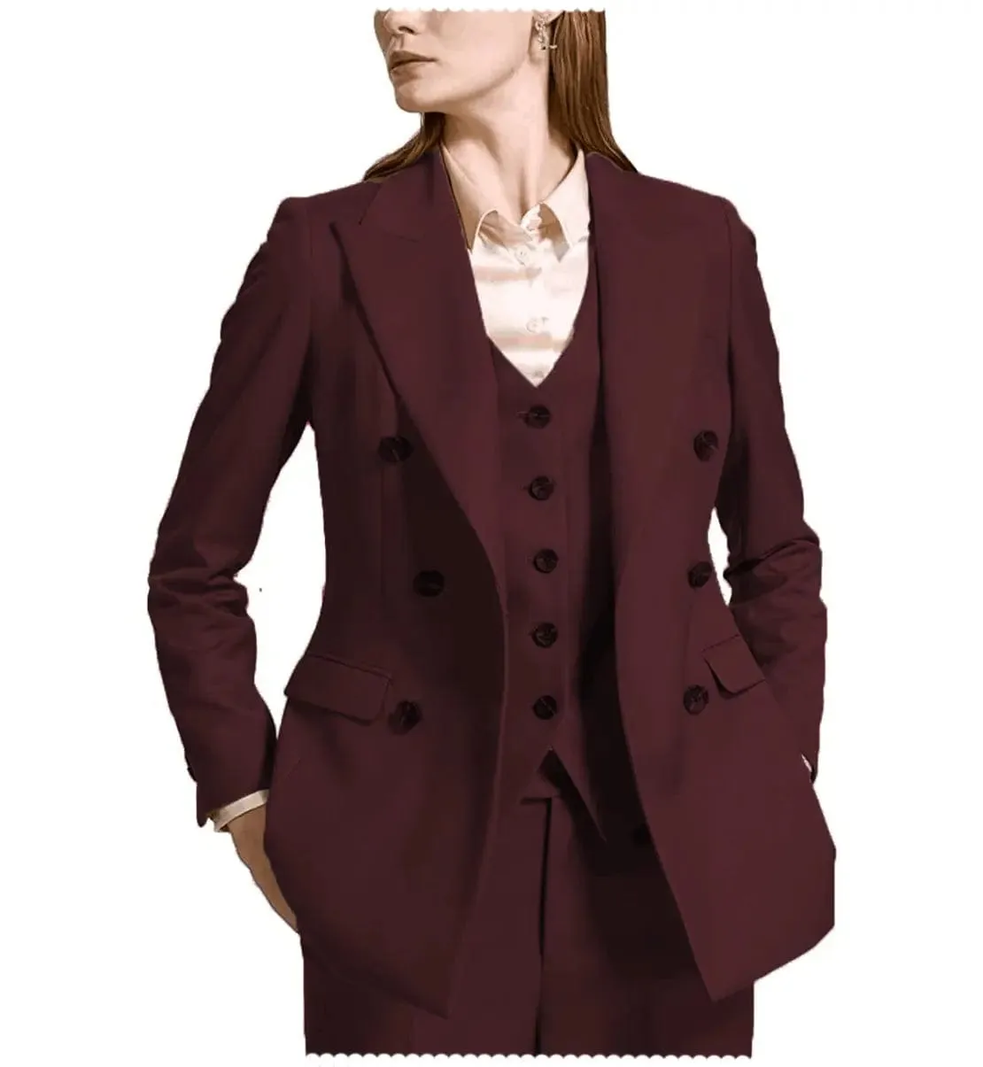 Fashion Flat Peak Lapel 3 Pieces Women Suit (Blazer vest Pants)