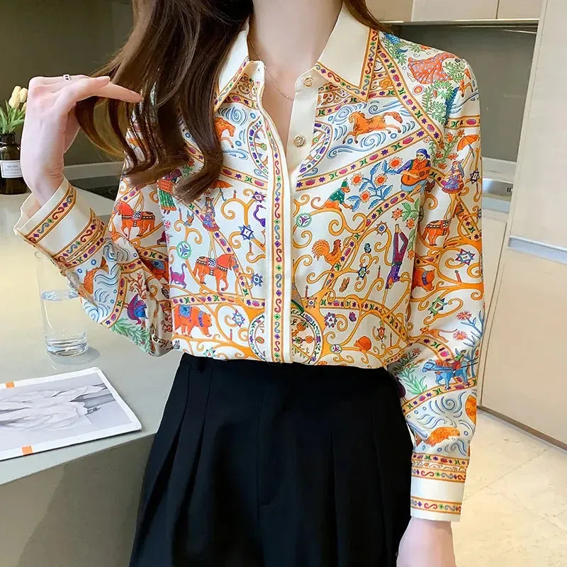 Fashion flower print ladies shirts Women's Blouses Spring Autumn Long Sleeve Shirts Tops