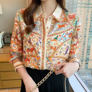 Fashion flower print ladies shirts Women's Blouses Spring Autumn Long Sleeve Shirts Tops