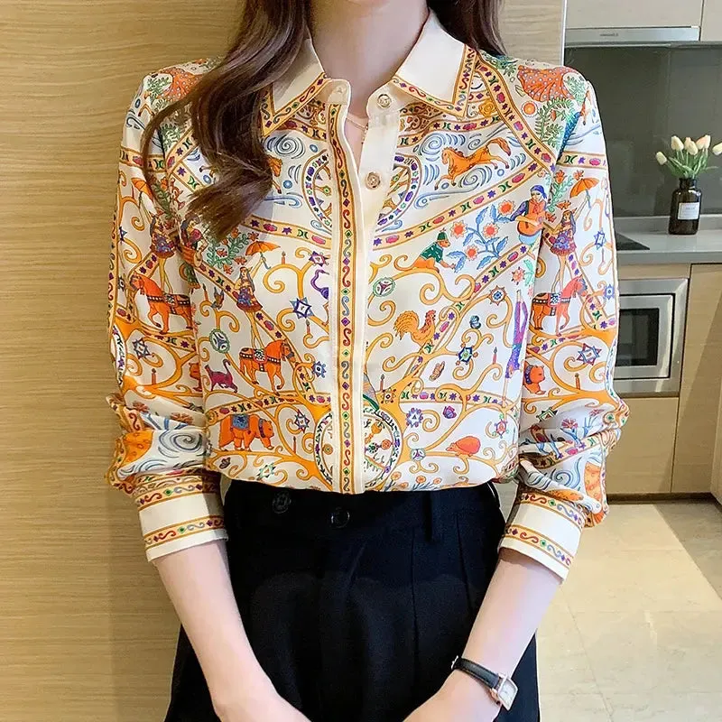 Fashion flower print ladies shirts Women's Blouses Spring Autumn Long Sleeve Shirts Tops