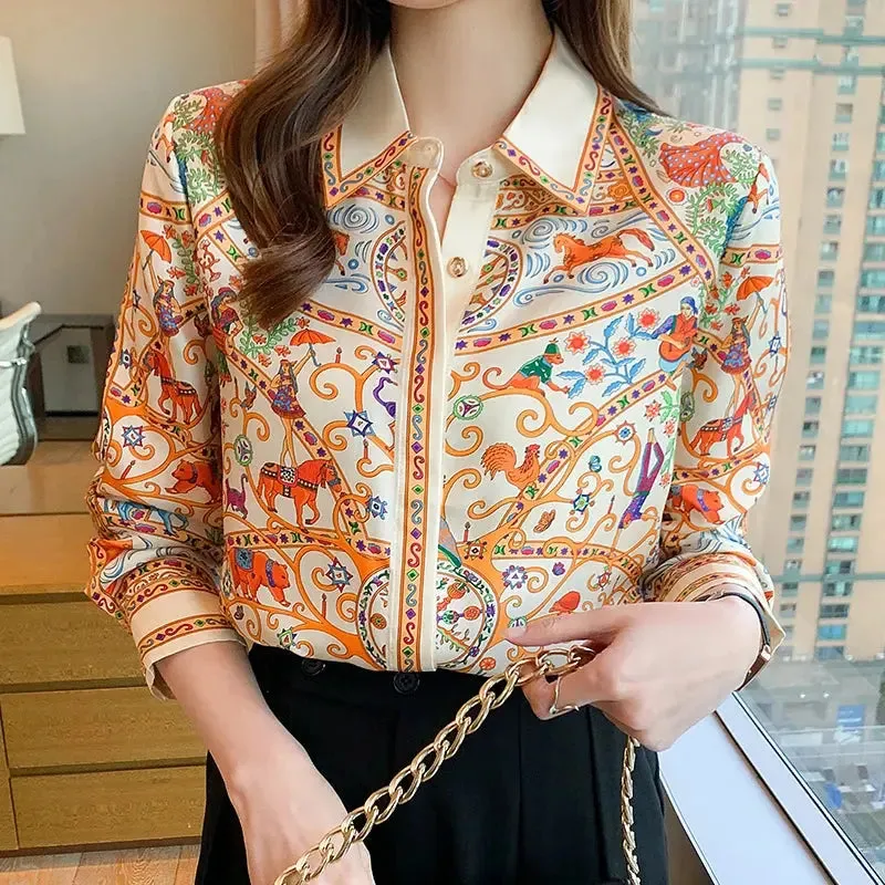 Fashion flower print ladies shirts Women's Blouses Spring Autumn Long Sleeve Shirts Tops