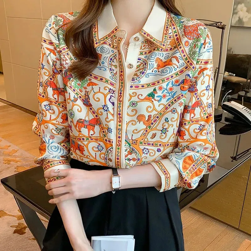 Fashion flower print ladies shirts Women's Blouses Spring Autumn Long Sleeve Shirts Tops