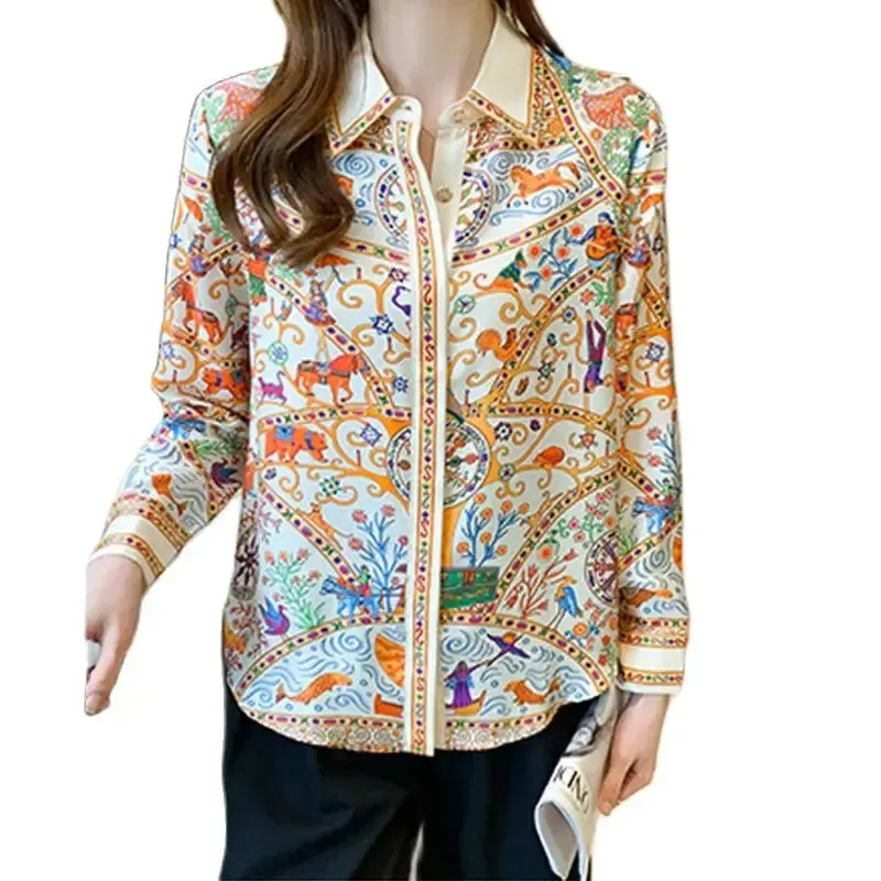 Fashion flower print ladies shirts Women's Blouses Spring Autumn Long Sleeve Shirts Tops