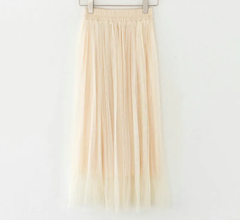 Fashion Ladies Gray Color 3 Layer Pleated Skirt Long Tulle Skirts Straight Grey Solid Mesh Skater Skirt