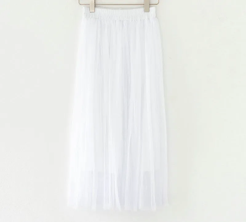 Fashion Ladies Gray Color 3 Layer Pleated Skirt Long Tulle Skirts Straight Grey Solid Mesh Skater Skirt
