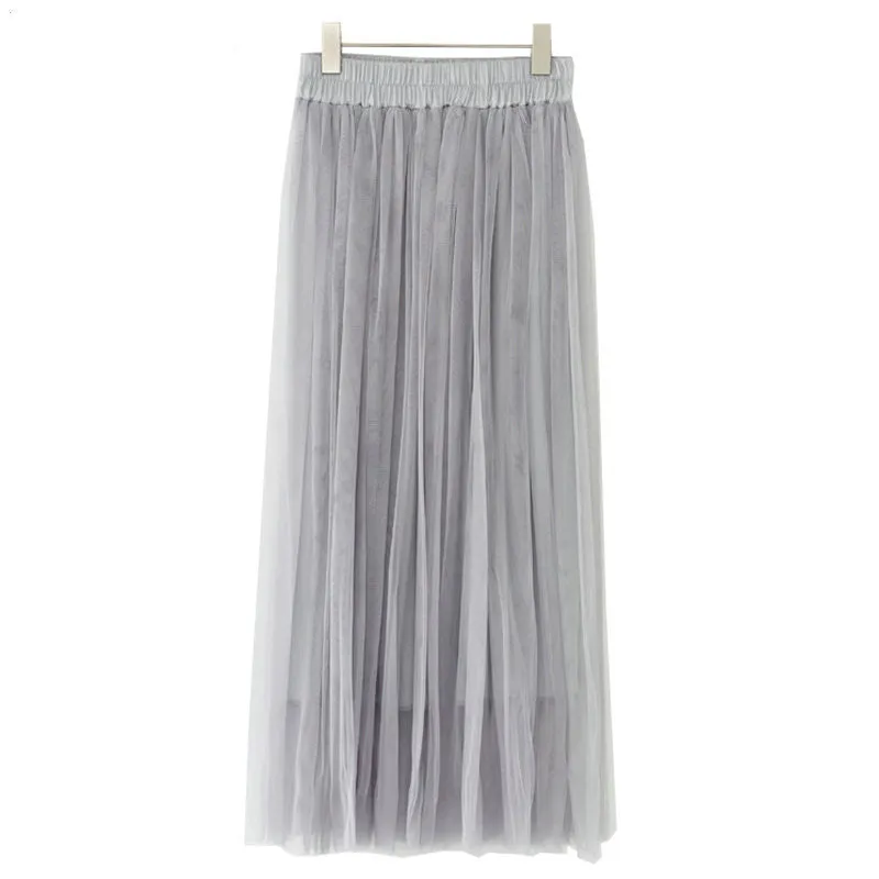 Fashion Ladies Gray Color 3 Layer Pleated Skirt Long Tulle Skirts Straight Grey Solid Mesh Skater Skirt