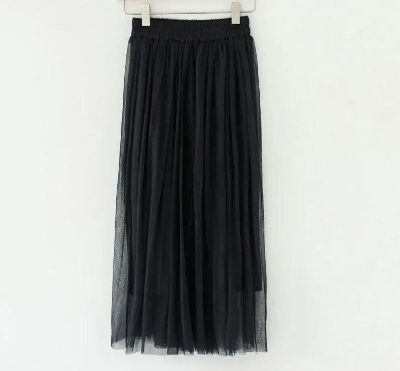 Fashion Ladies Gray Color 3 Layer Pleated Skirt Long Tulle Skirts Straight Grey Solid Mesh Skater Skirt