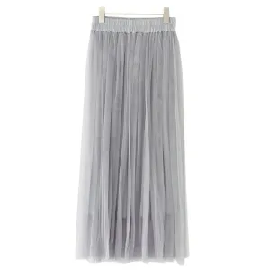 Fashion Ladies Gray Color 3 Layer Pleated Skirt Long Tulle Skirts Straight Grey Solid Mesh Skater Skirt