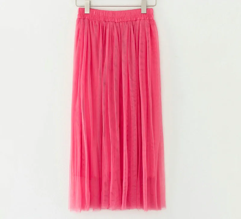 Fashion Ladies Gray Color 3 Layer Pleated Skirt Long Tulle Skirts Straight Grey Solid Mesh Skater Skirt