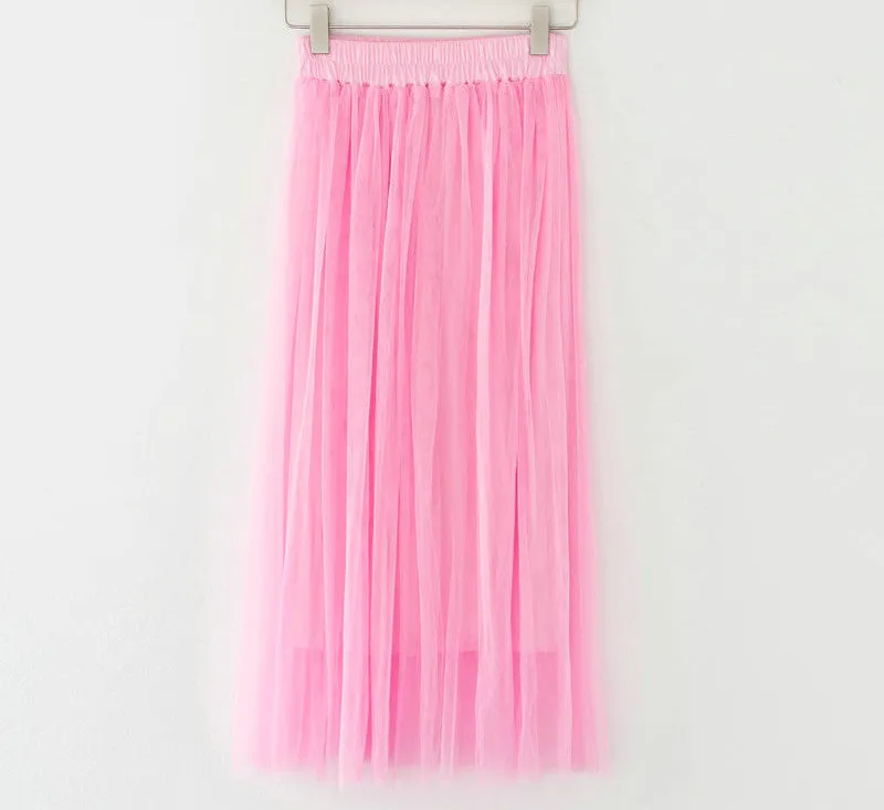 Fashion Ladies Gray Color 3 Layer Pleated Skirt Long Tulle Skirts Straight Grey Solid Mesh Skater Skirt