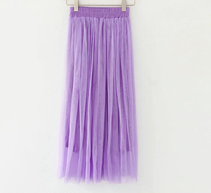 Fashion Ladies Gray Color 3 Layer Pleated Skirt Long Tulle Skirts Straight Grey Solid Mesh Skater Skirt