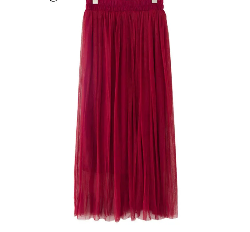 Fashion Ladies Gray Color 3 Layer Pleated Skirt Long Tulle Skirts Straight Grey Solid Mesh Skater Skirt