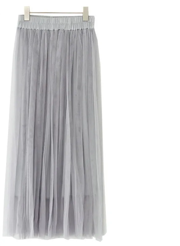 Fashion Ladies Gray Color 3 Layer Pleated Skirt Long Tulle Skirts Straight Grey Solid Mesh Skater Skirt
