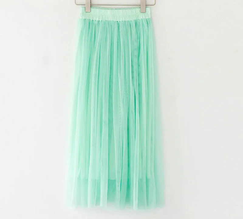 Fashion Ladies Gray Color 3 Layer Pleated Skirt Long Tulle Skirts Straight Grey Solid Mesh Skater Skirt