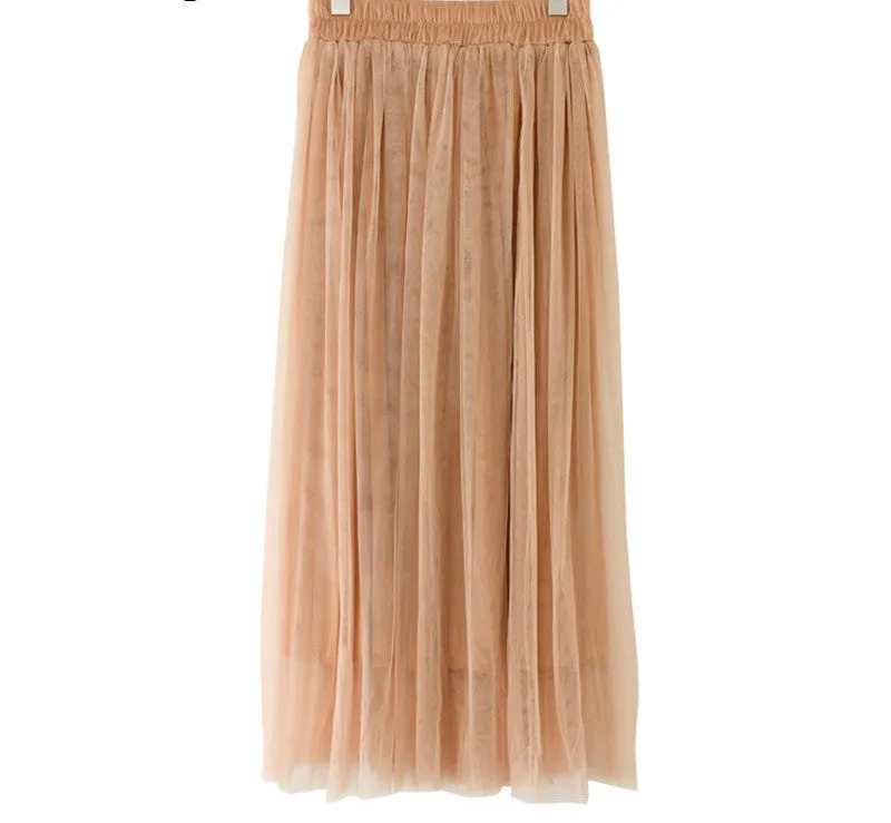 Fashion Ladies Gray Color 3 Layer Pleated Skirt Long Tulle Skirts Straight Grey Solid Mesh Skater Skirt
