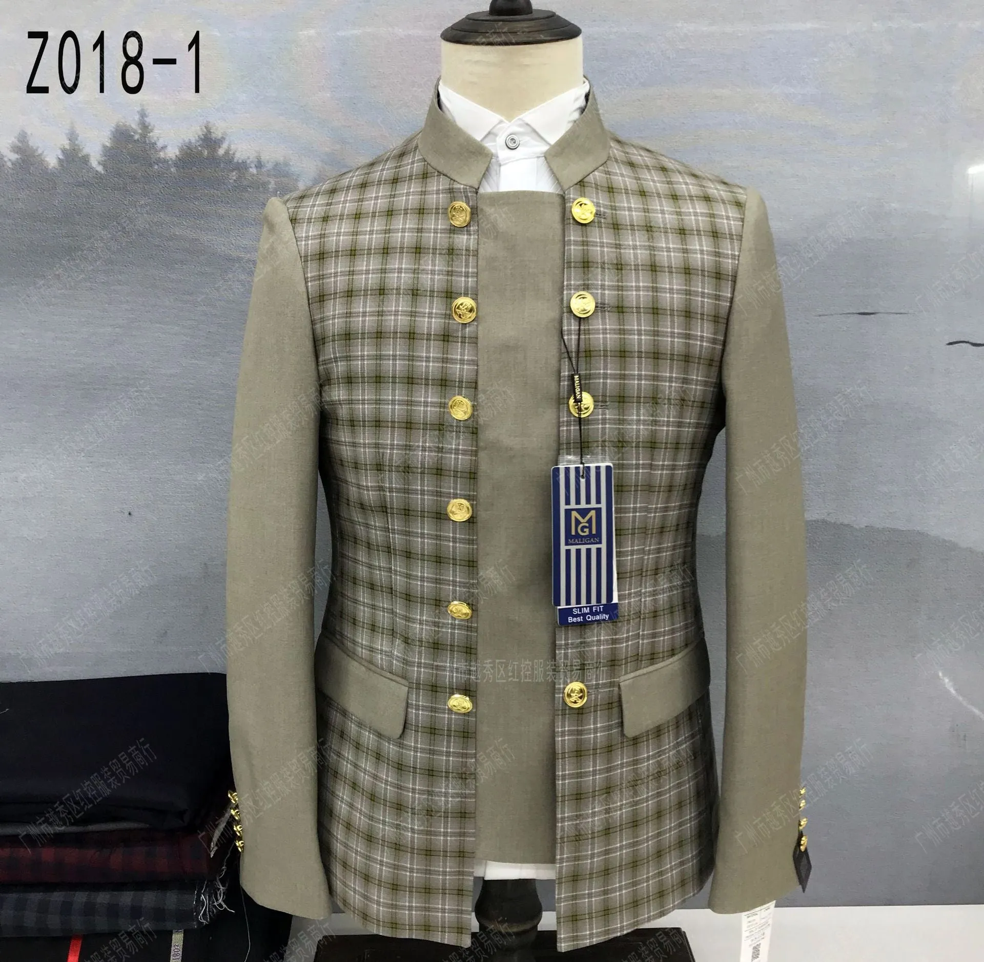 Fashionable Patchwork Suits for Men 2 Pieces Slim Fit Fashion Chinese Tunic Suit Blazer Pants Luxury Gold Buttons Plaid Tuxedos